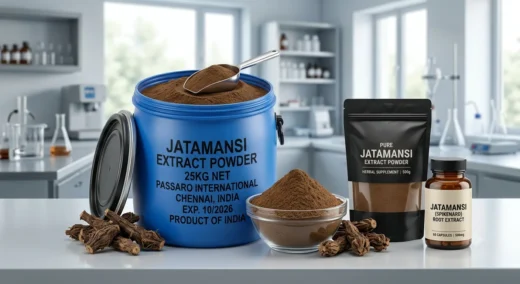 A professional B2B product display by Passaro International, a premier bulk Jatamansi extract supplier. The image features an open 25kg industrial export drum filled with fine brown Jatamansi root extract powder, raw dried rhizomes, a glass bowl of standardized extract powder, and sleek private-label retail packaging in a modern laboratory setting.