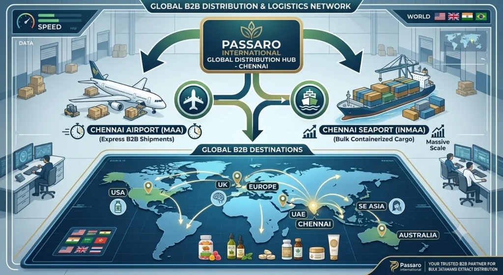 An infographic illustrating Passaro International as a premier bulk Jatamansi extract supplier, featuring its global distribution network based in Chennai, India. The image details express B2B shipments via Chennai Airport (MAA) and bulk containerized freight via Chennai Seaport (INMAA) delivering high-grade Jatamansi root extract to international destinations including the USA, Europe, UK, UAE, SE Asia, and Australia.