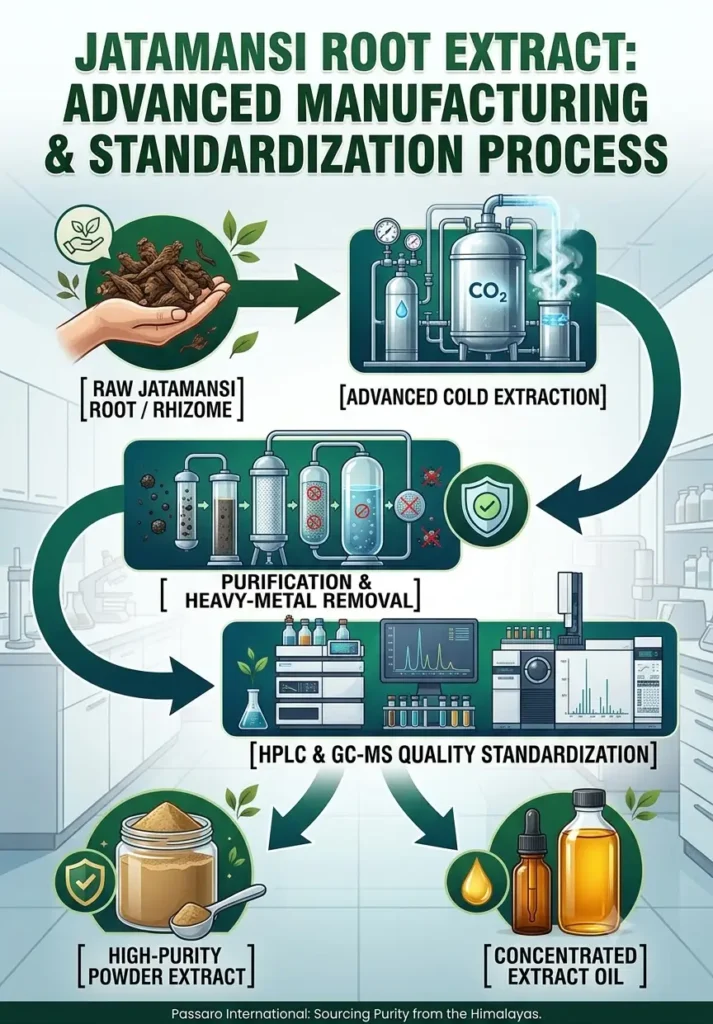 A process flow infographic detailing the manufacturing of Jatamansi root extract. It shows a sequential process in a clean laboratory setting, starting with raw Jatamansi roots and rhizomes, which are processed via advanced cold extraction. The extracted material undergoes a purification step that includes heavy-metal removal. The pure extract is then tested using HPLC and GC-MS equipment for quality standardization. The process concludes with two final products: a jar of high-purity powder extract and bottles of concentrated extract oil. The Passaro International logo and a footer are at the bottom.