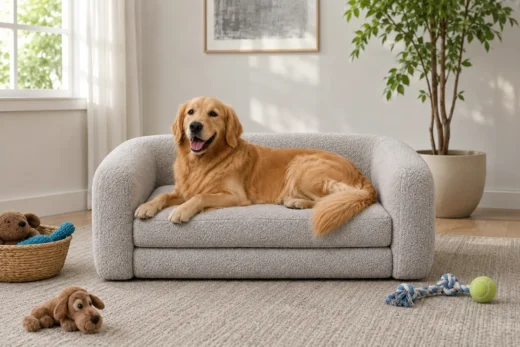A premium grey teddy bouclé sofa mattress from a custom orthopeadic dog bed manufacturer, featuring a happy Golden Retriever relaxing on the supportive orthopedic cushion in a bright, modern living room filled with cheerful daylight.