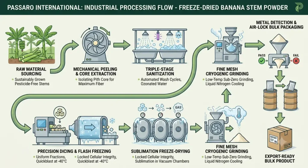 Infographic illustrating the step-by-step industrial processing workflow for freeze-dried banana stem powder, from mechanical core extraction and flash freezing to cryogenic grinding and bulk packaging.