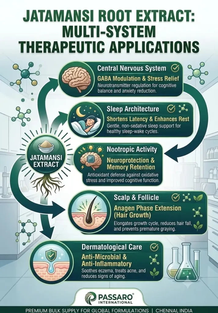 A healthcare infographic, presented by Passaro International in Chennai, India, detailing the diverse therapeutic applications of standardized Jatamansi Extract. The graphic is structured into five distinct sections:

Central Nervous System: For GABA modulation and stress relief, reducing anxiety.

Sleep Architecture: For shortening sleep latency and enhancing restful sleep.

Nootropic Activity: For neuroprotection, memory retention, and combating age-related decline.

Scalp & Follicle: To extend the anagen hair growth phase, enlarge follicle size, and prevent premature graying.

Dermatological Care: For antimicrobial and anti-inflammatory support in skin health.

The image includes professional icons, botanical illustrations, a scientific flow diagram, and contact information for bulk supply enquiries.
