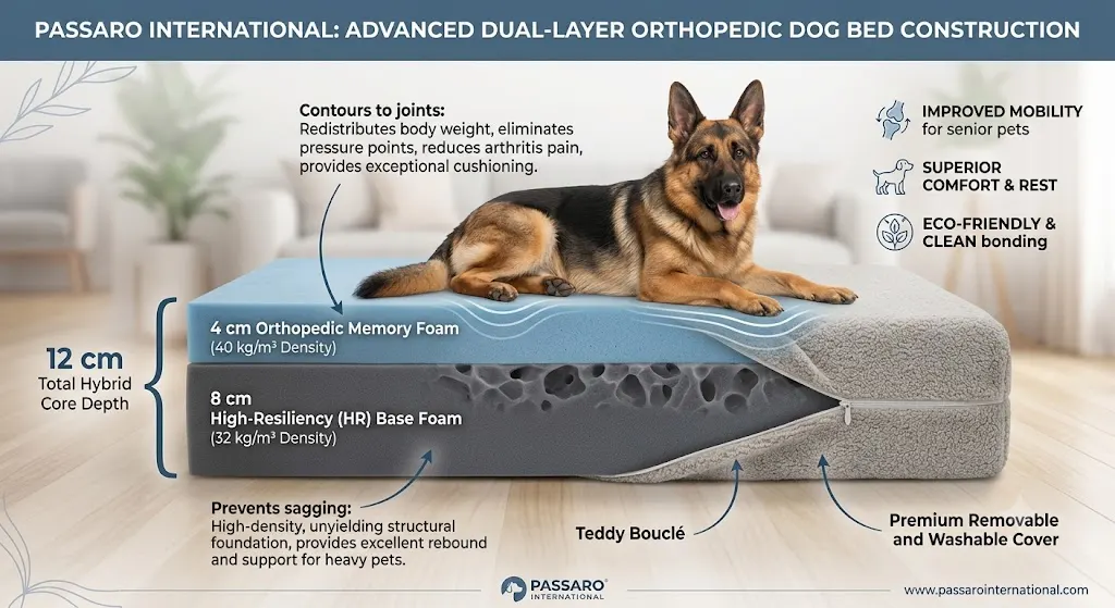 Detailed infographic from the Orthopedic Dog Bed manufacturer Passaro International showing the advanced dual-layer construction of their bed, with a German Shepherd lying on a mattress showing a cutaway of memory and HR base foam layers. It explains how the bed prevents sagging and supports joints.