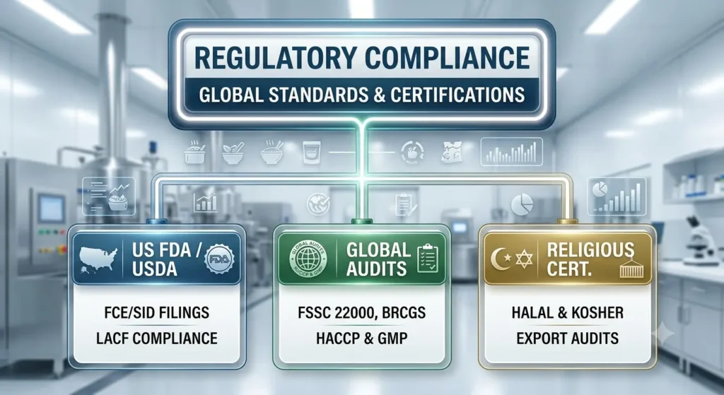 Regulatory compliance infographic by an RTE (Ready-To-Eat) Food Consultant covering US FDA and USDA FCE/SID filings, global audit standards like FSSC 22000 and HACCP, and religious certifications including Halal and Kosher.