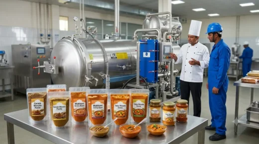 An RTE Ready-To-Eat food consultant and operator inspecting a retort machine in a processing plant with packaged gravies and pastes on display.