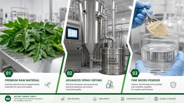 Infographic displaying the three-panel B2B manufacturing flow for papaya leaf extract powder: 1) Sourcing fresh green Carica papaya leaves; 2) Advanced industrial spray-drying with output to a sealed sterile product container; 3) Scientist demonstrating 100% water-soluble final micro-powder dissolution.