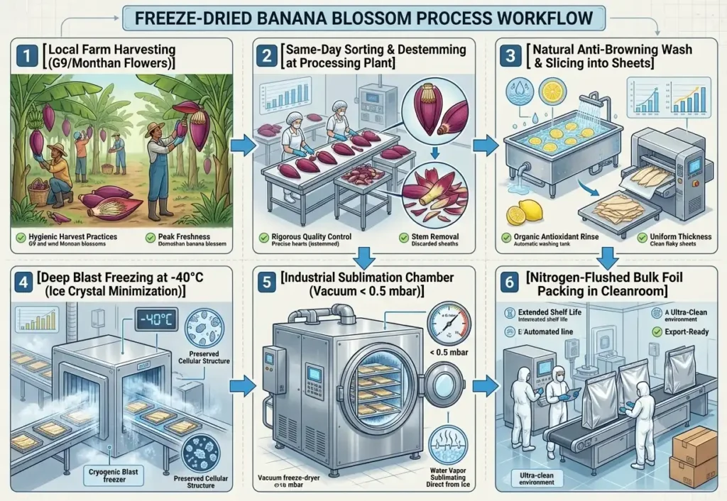 Step-by-step manufacturing infographic for freeze-dried banana blossom, showing harvesting, destemming, natural anti-browning wash, blast freezing, vacuum sublimation, and cleanroom foil packaging.