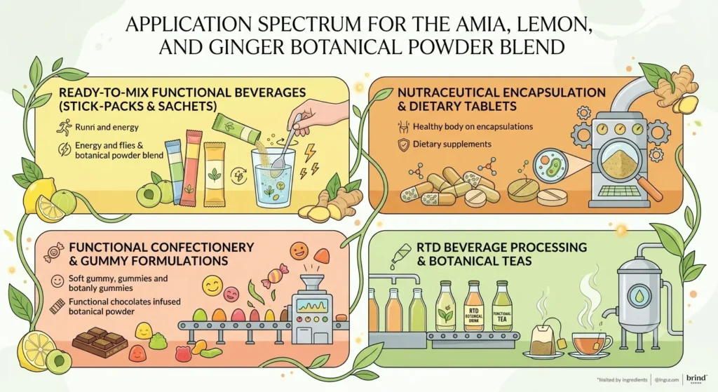 Infographic illustrating B2B product application uses for Bulk Freeze Dried Amla, Ginger & Lemon Powder Blend, including ready-to-mix functional beverage stick-packs, nutraceutical encapsulation, functional confectionery gummies, and RTD botanical teas.