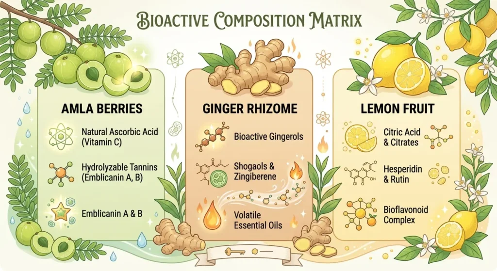 An educational infographic detailing the bioactive composition of a Bulk Freeze Dried Amla, Ginger & Lemon Powder Blend, highlighting natural ascorbic acid, tannins, gingerols, and citric acid complexes for commercial use.