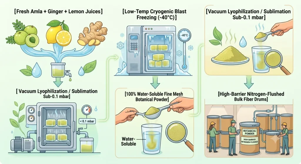 Infographic showing the step-by-step manufacturing process from fresh juicing and cryogenic blast freezing (-40°C) to vacuum lyophilization and bulk packaging.