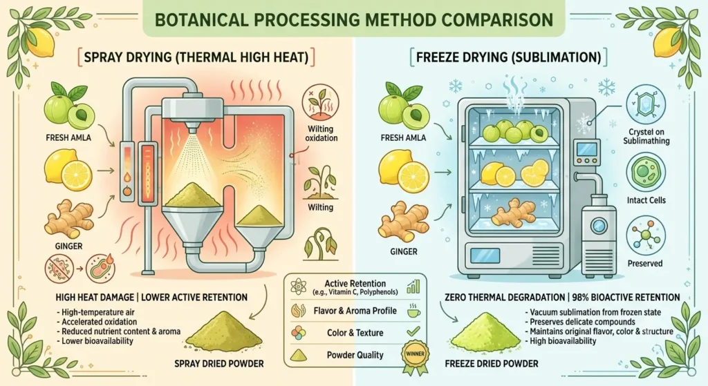 Side-by-side comparison chart illustrating 98% bioactive retention in freeze drying versus thermal heat damage in spray drying.
