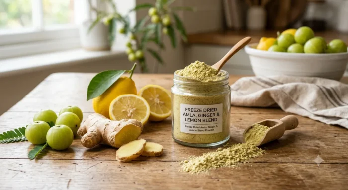 A glass jar filled with Bulk Freeze Dried Amla, Ginger & Lemon Powder Blend sitting on a rustic wooden table alongside fresh green amla berries, sliced ginger root, and fresh lemons.