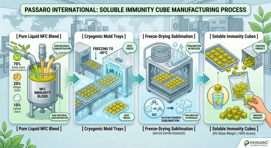 A step-by-step manufacturing diagram showing how Passaro International creates freeze-dried soluble immunity cubes using pure NFC amla, ginger, and lemon juice via cryogenic molding and vacuum chamber sublimation.