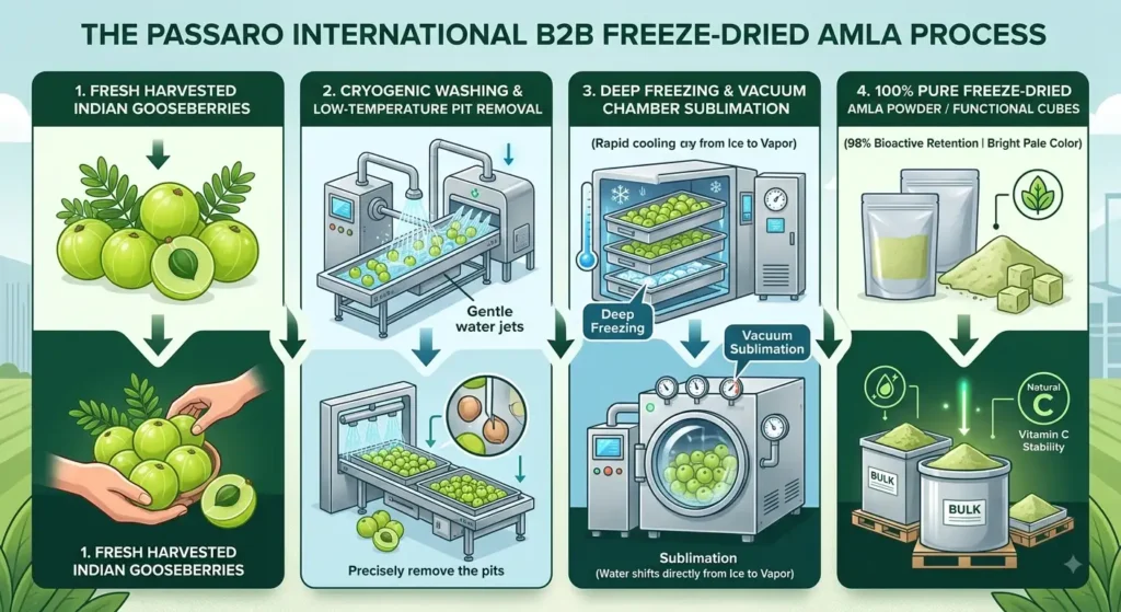 A detailed B2B infographic illustrating the four-stage processing flow for Passaro International's Bulk Freeze Dried Amla, from harvesting to final powder and functional cubes, highlighting cryogenic pit removal, vacuum sublimation, and 98% bioactive retention.