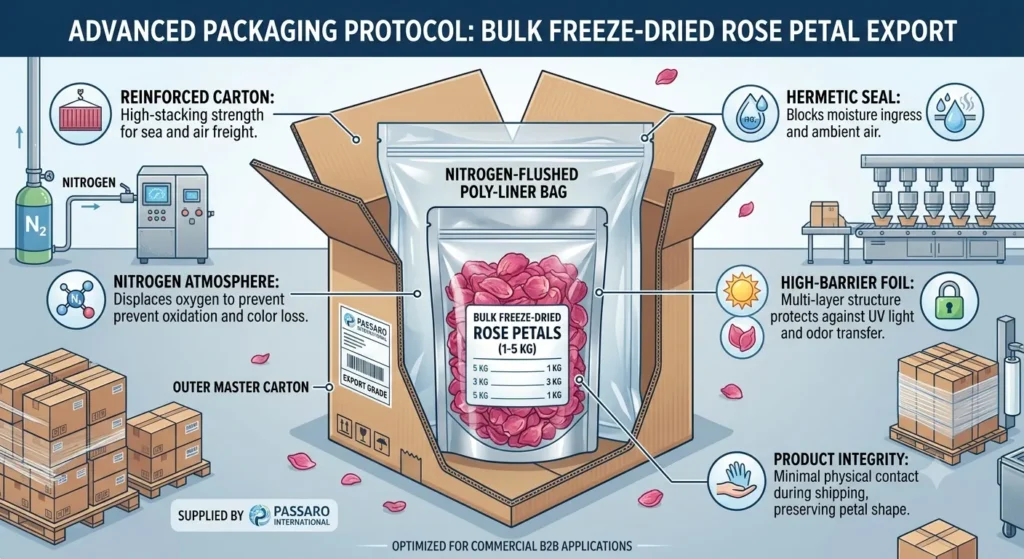 Infographic detailing the 3-layer export packaging protocol for bulk freeze-dried rose petals at Passaro International: OUTER MASTER CARTON, internal NITROGEN-FLUSHED POLY-LINER BAG, and inner product bag for 1-5 KG.