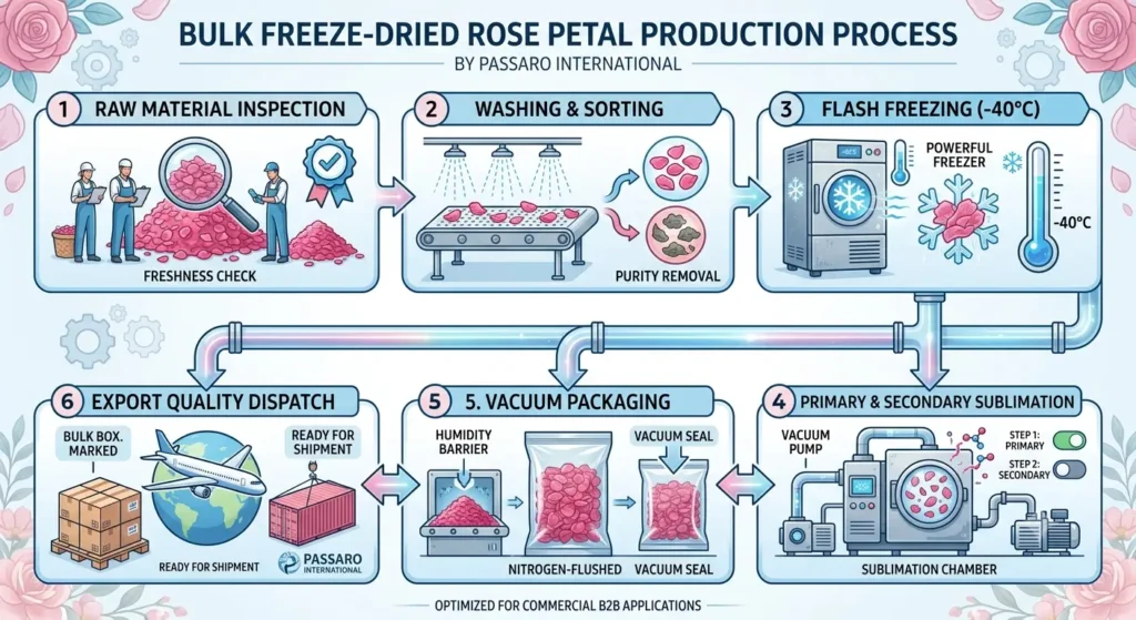 Infographic detailing the 6-stage production process for bulk freeze-dried rose petals at Passaro International: Inspection, Washing, Flash Freezing, Sublimation, Vacuum Packaging, and Export Dispatch.