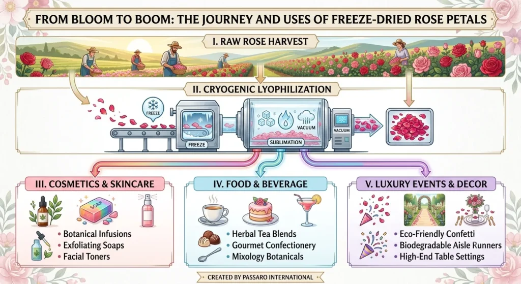 Infographic illustrating the supply chain and commercial applications