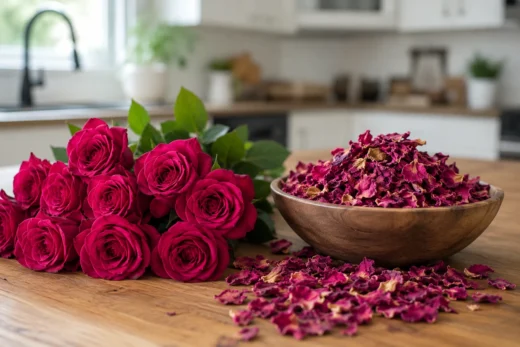 Fresh red roses and a wooden bowl filled with bulk freeze-dried rose petals on a rustic wooden table, representing Passaro International's wholesale botanical products.