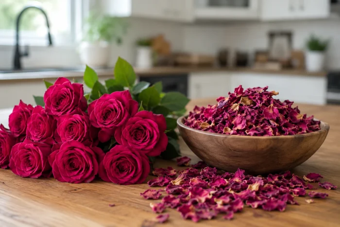 Fresh red roses and a wooden bowl filled with bulk freeze-dried rose petals on a rustic wooden table, representing Passaro International's wholesale botanical products.