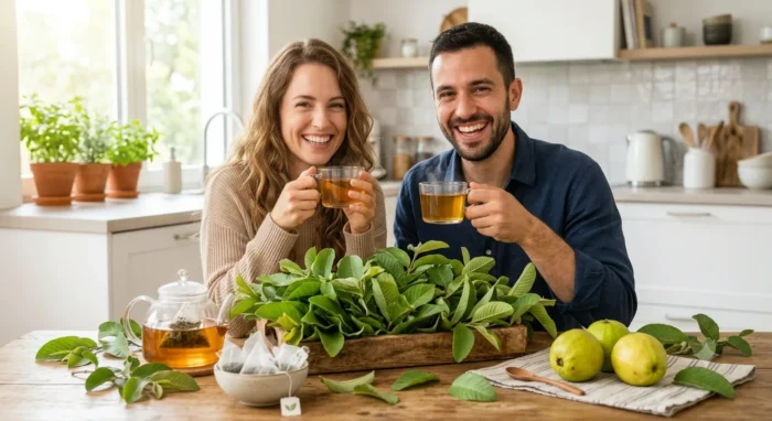 Happy couple enjoying fresh brewed tisane in a bright modern kitchen, featuring bulk guava leaf tea, fresh green foliage, biodegradable pyramid tea bags, and fresh guava fruits on a wooden table.