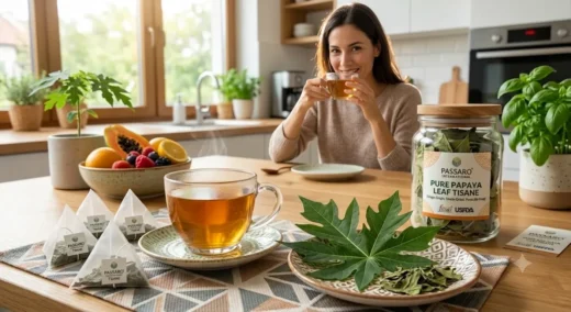 A warm, bright kitchen scene displaying a steaming cup of papaya leaf tea alongside PLA pyramid tea bags, fresh leaves, and a glass storage jar, with a woman enjoying a hot drink in the background.