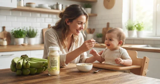 Young mother feeding a baby with a bowl of food next to raw green Nendran bananas and a jar of bulk spray dried banana powder on a kitchen table.