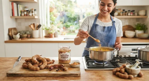 A young woman in a modern kitchen adding a spoonful of bulk spray-dried tamarind powder from a clear labeled jar into a simmering dish, next to a cutting board with ripe tamarind pods.