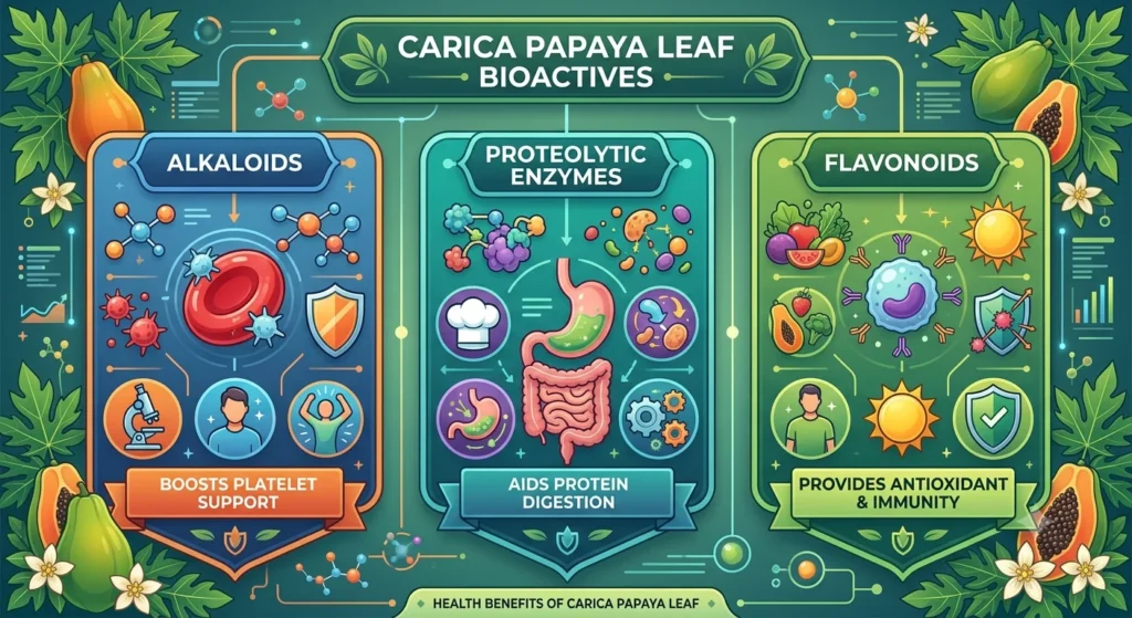 A clinical infographic illustrating the core bioactive compounds found in Carica papaya leaf. It is divided into three sections: Alkaloids (Carpaine, Pseudocarpaine) for platelet support; Proteolytic Enzymes (Papain, Chymopapain) for protein digestion; and Flavonoids (Quercetin, Kaempferol) for antioxidant and immunity benefits.