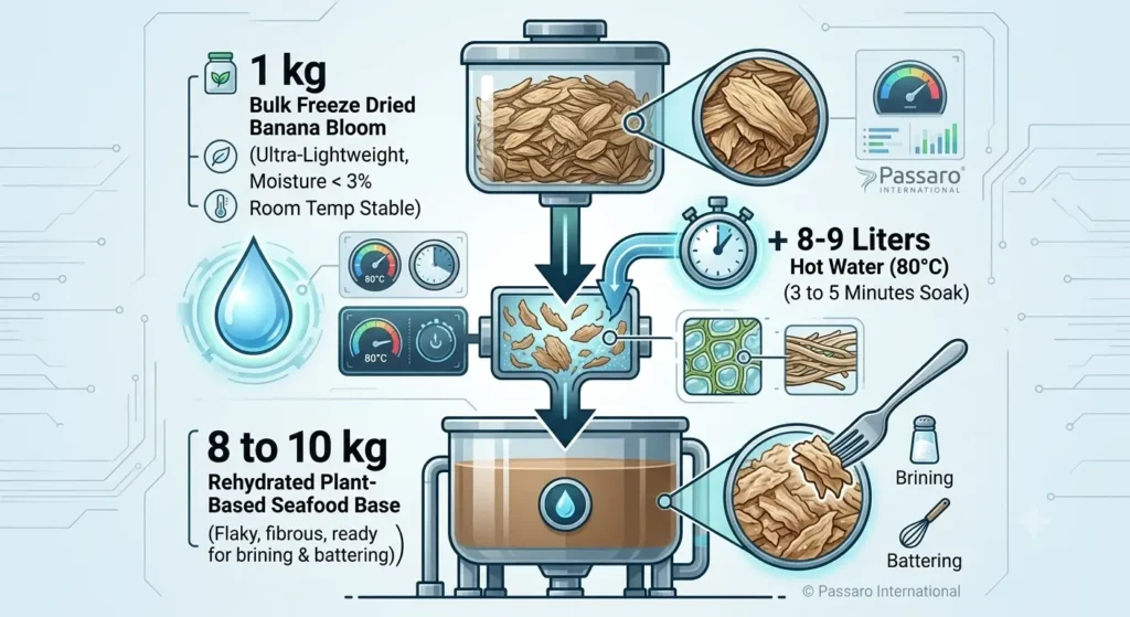 Infographic showing 1 kg of freeze-dried banana bloom rehydrating with hot water to yield 8 to 10 kg of flaky, plant-based seafood base.