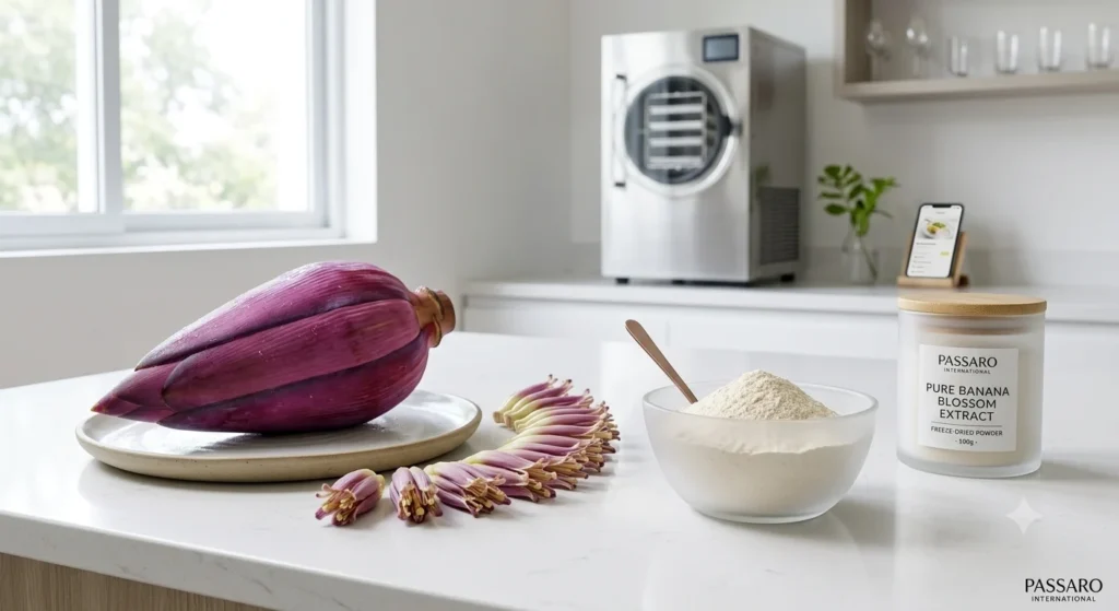 Whole purple banana blossom, individual florets, and a glass bowl of freeze-dried powder set on a white countertop near a freeze dryer.