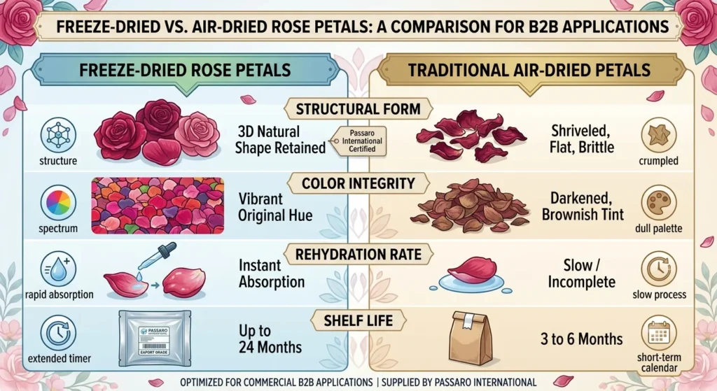 Infographic comparing freeze-dried vs air-dried rose petals across structural form, color integrity, rehydration rate, and shelf life for B2B applications.
