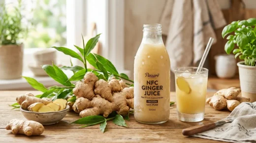 Frosted glass bottle of 100% pure frozen NFC ginger juice surrounded by fresh ginger rhizomes, sliced ginger, and a chilled beverage glass on a wooden kitchen counter.