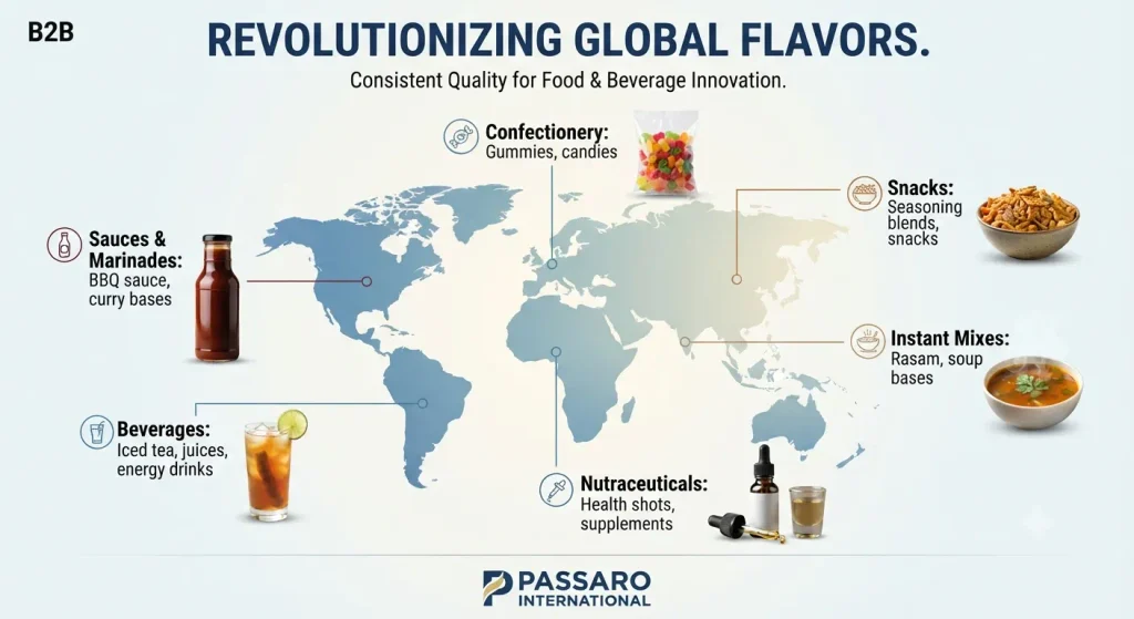 A world map infographic showcasing the versatility of Passaro International's spray-dried tamarind powder across six B2B sectors: confectionery, sauces and marinades, snacks, beverages, instant mixes, and nutraceuticals, with photographic examples of each application.