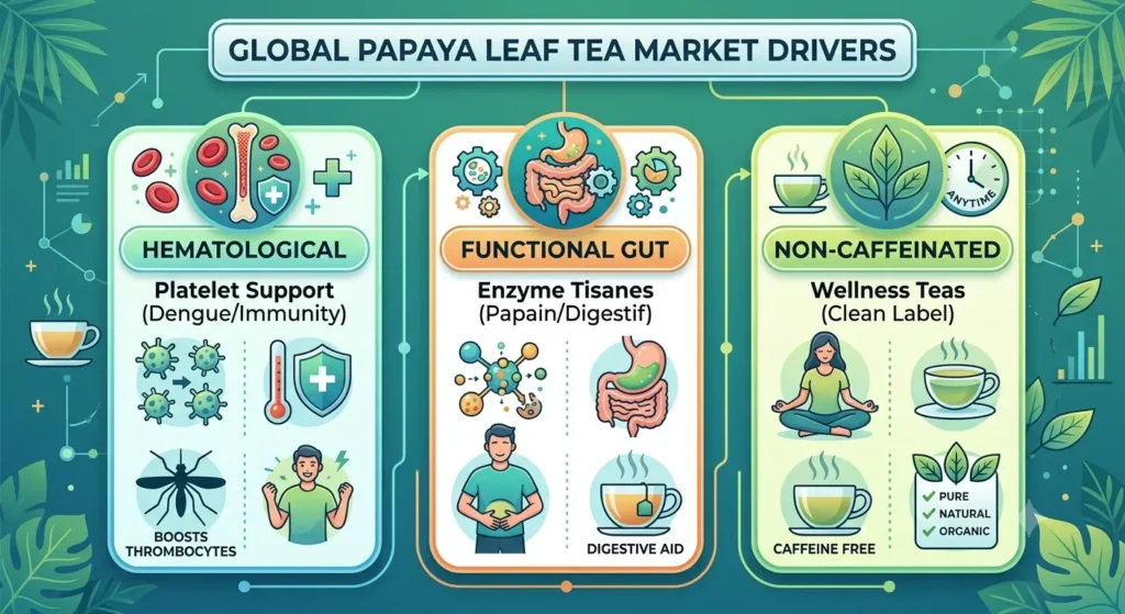 An infographic illustrating the global market drivers for papaya leaf tea, divided into three key areas: Hematological, Functional Gut, and Non-Caffeinated. Icons and text highlight platelet support for dengue and immunity, enzyme tisanes with papain for digestion, and non-caffeinated wellness teas with clean labels.
