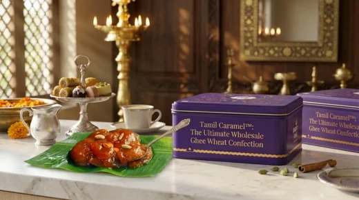 Tamil Caramel™ gourmet Indian wheat confection served on a banana leaf next to a decorative purple packaging tin.