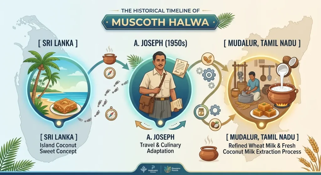 Infographic illustrating the historical timeline of Muscoth Halwa from its Sri Lankan origins to A. Joseph and the refined coconut milk recipe in Mudalur, Tamil Nadu by Passaro Foods.