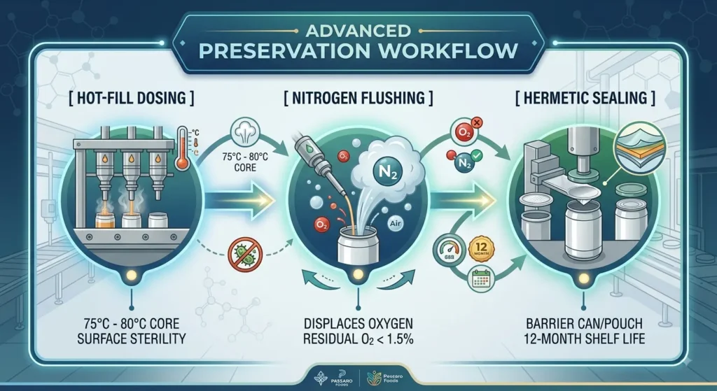 Infographic displaying the advanced preservation workflow for Muscoth Halwa, showing hot-fill dosing at 75-80°C, nitrogen flushing below 1.5% residual oxygen, and hermetic sealing for a 12-month shelf life by Passaro Foods.