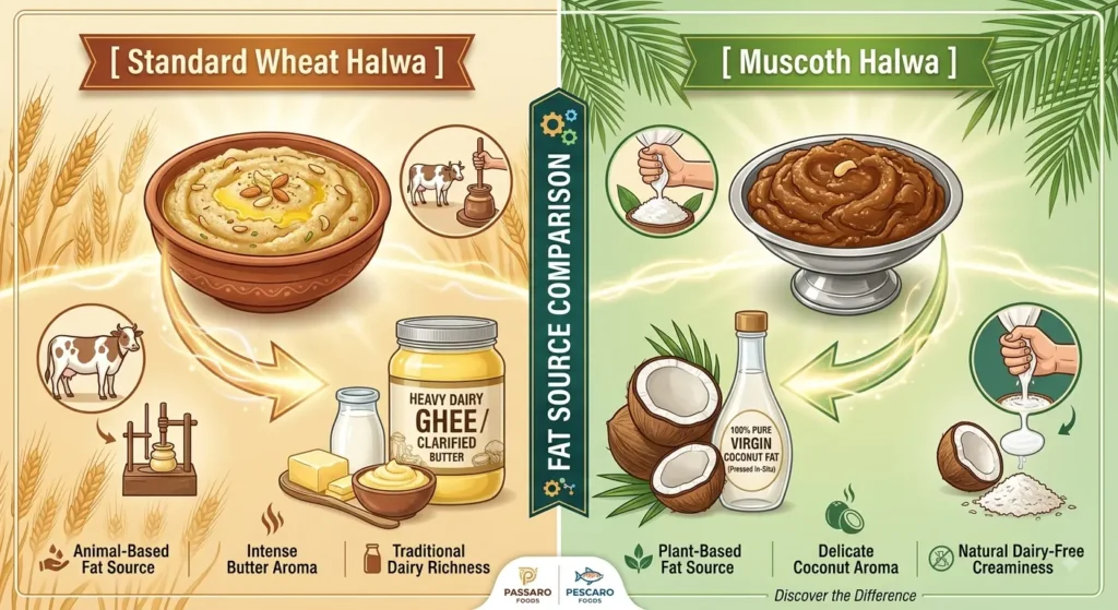 Infographic comparing fat sources: Standard Wheat Halwa made with heavy dairy ghee versus Muscoth Halwa made with 100% pure virgin coconut fat pressed in-situ for a natural dairy-free treat by Passaro Foods.