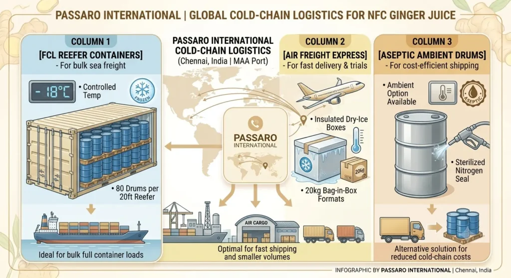Infographic showing Passaro International cold-chain export logistics for NFC ginger juice wholesale featuring FCL reefer containers at -18°C, air freight express, and aseptic ambient drums.