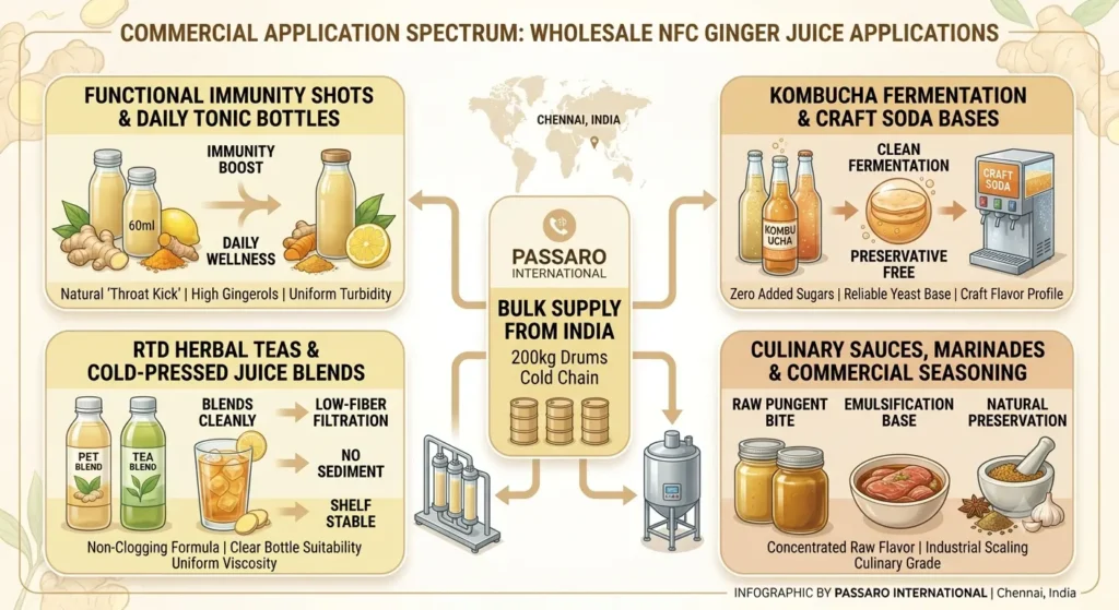 Infographic showing the B2B commercial application spectrum for NFC ginger juice wholesale across immunity shots, kombucha fermentation, RTD herbal teas, and culinary seasonings.