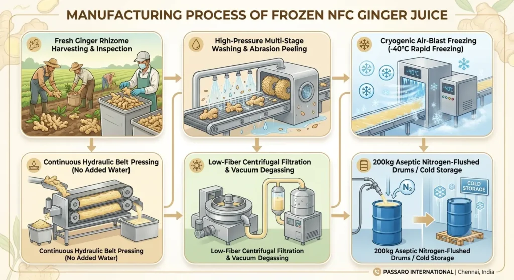 Infographic showing the 6-step manufacturing process of frozen NFC ginger juice wholesale from harvesting fresh ginger rhizomes to 200kg nitrogen-flushed drum packing by Passaro International