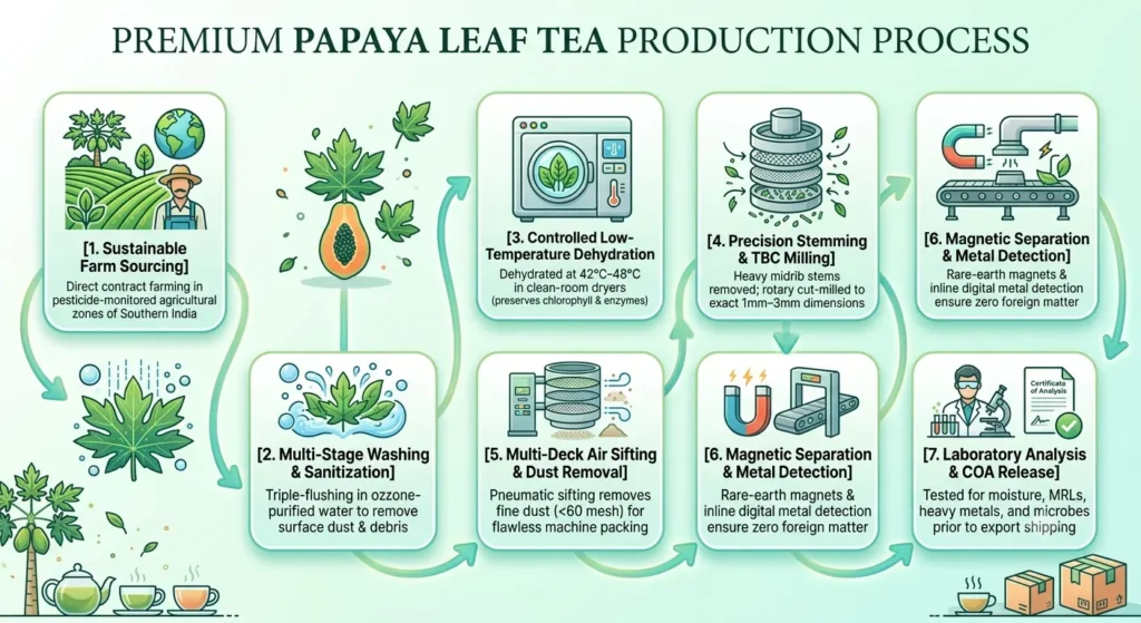 A detailed infographic illustrating the seven steps in the production of Passaro International’s premium papaya leaf tea. Numbers 1 to 7 show: 1. Sustainable Farm Sourcing, 2. Multi-Stage Washing & Sanitization, 3. Controlled Low-Temperature Dehydration, 4. Precision Stemming & TBC Milling, 5. Multi-Deck Air Sifting & Dust Removal, 6. Magnetic Separation & Metal Detection, and 7. Laboratory Analysis & COA Release. Each step features a title, description, and modern icon.