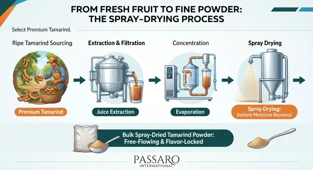 An infographic titled "From Fresh Fruit to Fine Powder: The Spray-Drying Process" illustrating the five-step manufacturing journey from premium tamarind sourcing, juice extraction, and evaporation to spray drying and final bulk powder packaging by Passaro International.