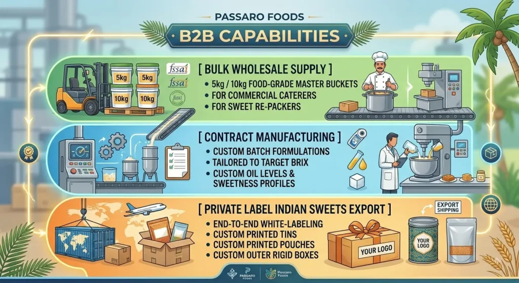 Infographic displaying Passaro Foods B2B capabilities including 5kg and 10kg bulk wholesale supply, contract manufacturing with custom Brix formulations, and private label Indian sweets export with custom tins and pouches.