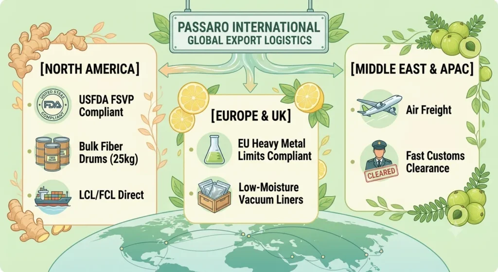 An infographic by Passaro International details the global export logistics for their Bulk Freeze Dried Amla, Ginger & Lemon Powder Blend, highlighting regulatory compliance, packaging, and shipping specifics for North America, Europe & UK, and Middle East & APAC.