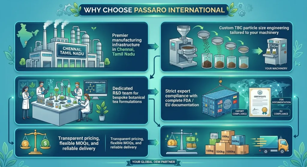 Infographic highlighting why to choose Passaro International for bulk guava leaf tea, illustrating premier manufacturing in Chennai, custom TBC particle sizing, dedicated R&D for formulations, strict FDA and EU documentation, and transparent, flexible logistics.