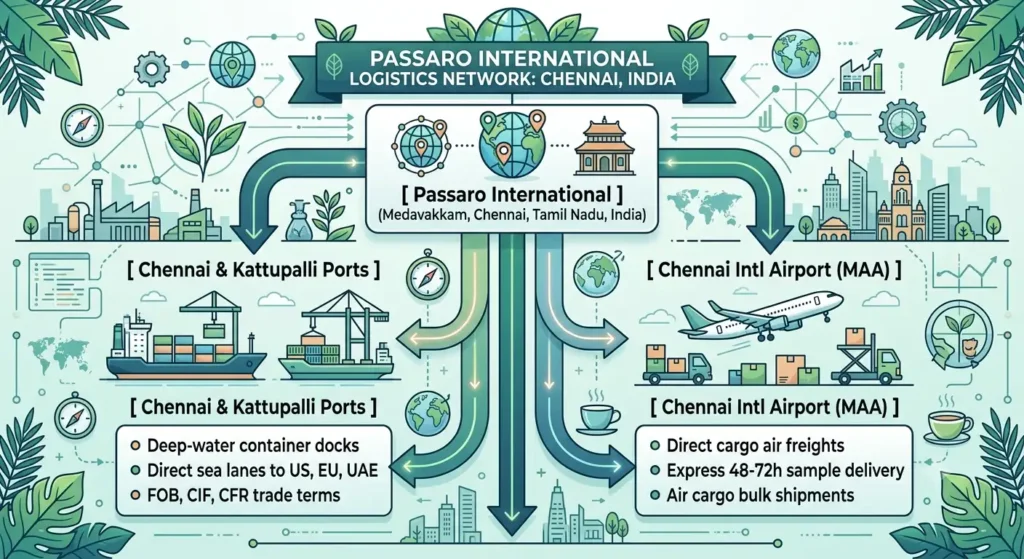 A logistics infographic illustrating Passaro International's export network from its central hub in Medavakkam, Chennai, Tamil Nadu, India. A central flow chart branches to the left for '[ Chennai & Kattupalli Ports ]' and to the right for '[ Chennai Intl Airport (MAA) ]'. Key details for the ports include deep-water container docks, direct sea lanes to US, EU, UAE, and FOB, CIF, CFR terms. Key details for the airport include direct cargo air freights, express 48-72h sample delivery, and air cargo bulk shipments. The design uses a professional teal and green color scheme with illustrative icons and background elements.