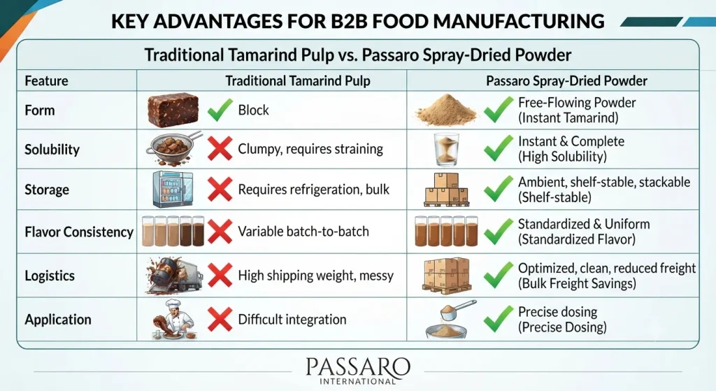A B2B comparative infographic titled "Key Advantages for B2B Food Manufacturing," showing a side-by-side comparison of Traditional Tamarind Pulp versus Passaro Spray-Dried Powder. The chart uses red X's for the pulp's disadvantages (block form, clumpy solubility, refrigeration storage, variable flavor, messy logistics, difficult integration) and green checkmarks for the powder's benefits (free-flowing, instant solubility, shelf-stable, standardized flavor, optimized logistics, precise dosing). The Passaro International logo is at the base.