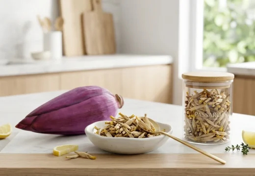 Whole purple banana blossom resting beside a ceramic bowl and glass jar filled with freeze-dried banana blosom and flower florets on a white marble countertop.