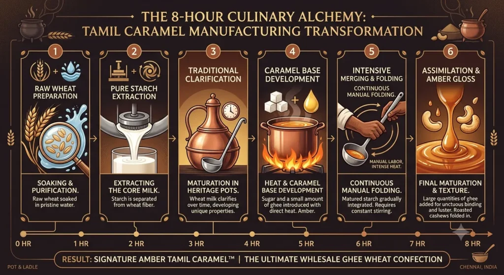 An infographic illustrating the 8-hour manufacturing process of Tamil Caramel, a premium ghee wheat confection. The visual timeline details six stages: soaking raw wheat, extracting starch, clarifying the milk, slow-cooking the caramel base with sugar and ghee, continuous manual folding, and achieving the final amber gloss with roasted cashews.